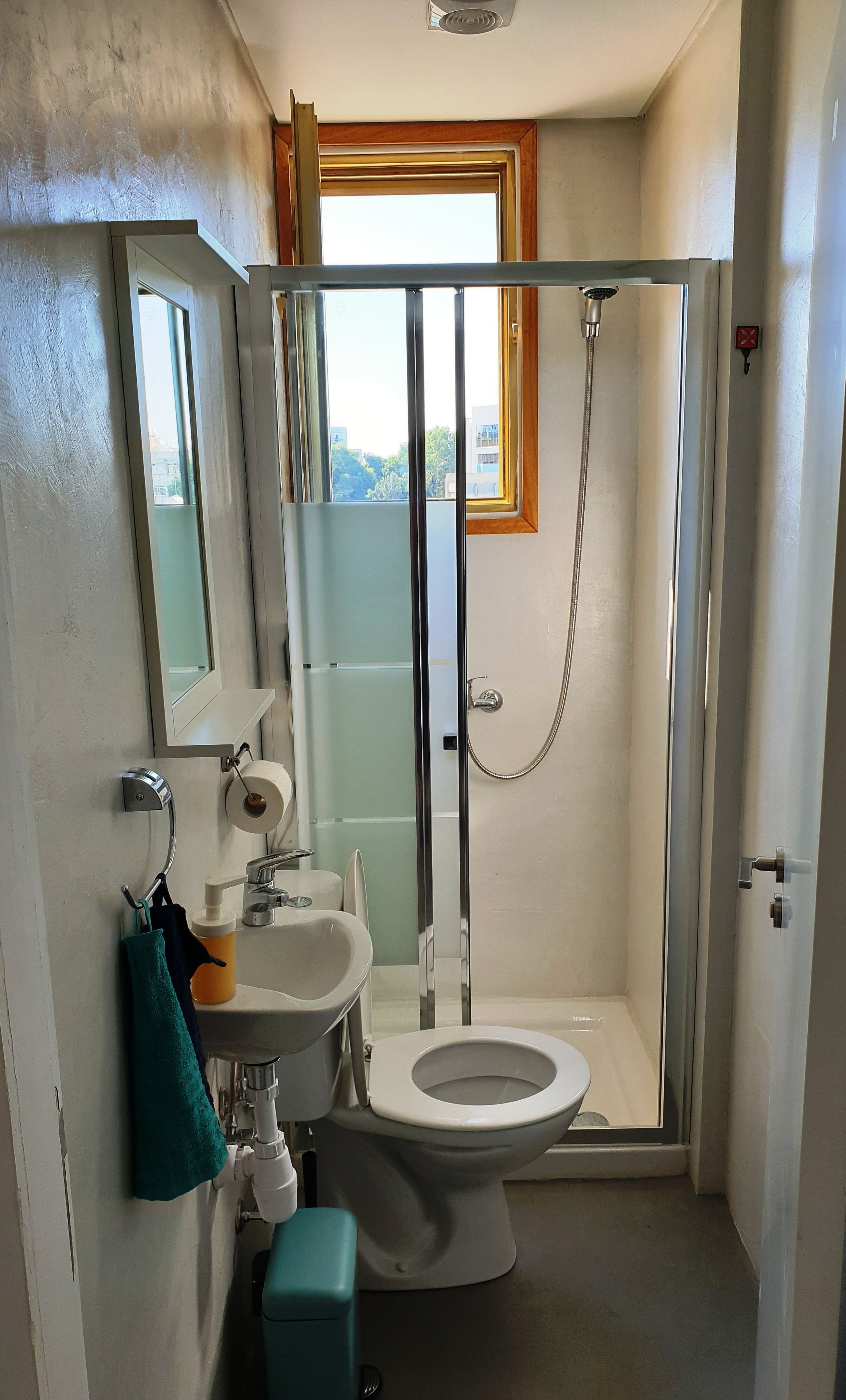 A bathroom with a glass-enclosed shower, a toilet, a sink, and a mirror.