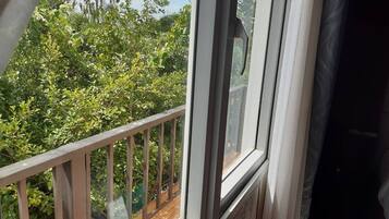 Una ventana con vista a abundante follaje.