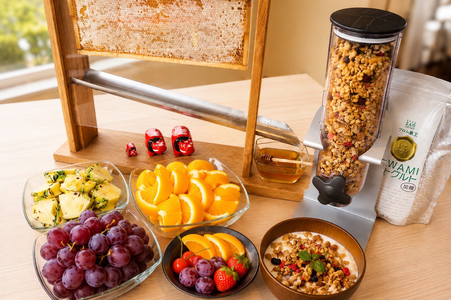 Ein Frühstücksbuffet mit Honigschleuder, Granola, Früchten und Honiglöffel.