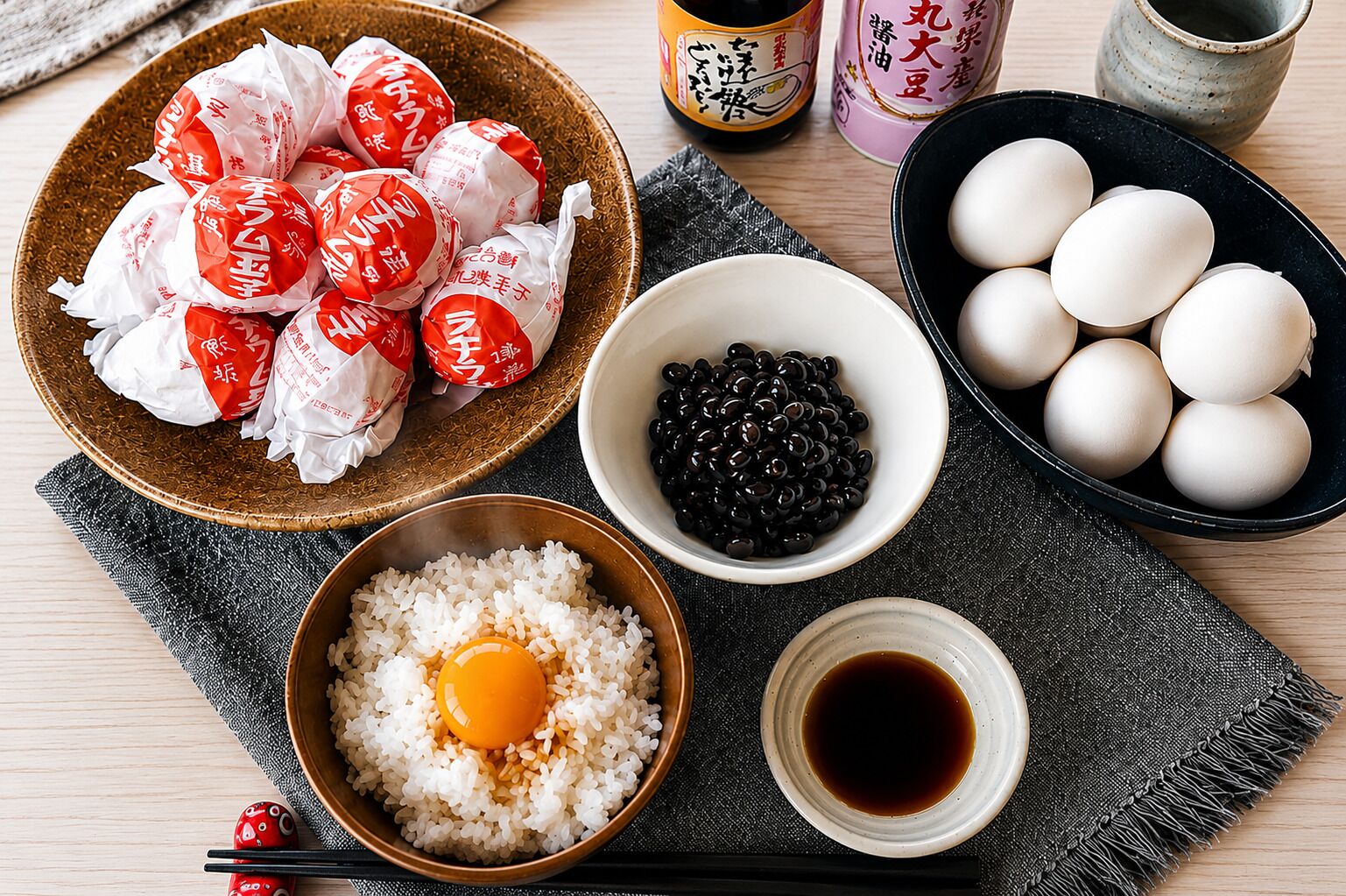 A table with various food items including rice, eggs, black beans, and packaged snacks.