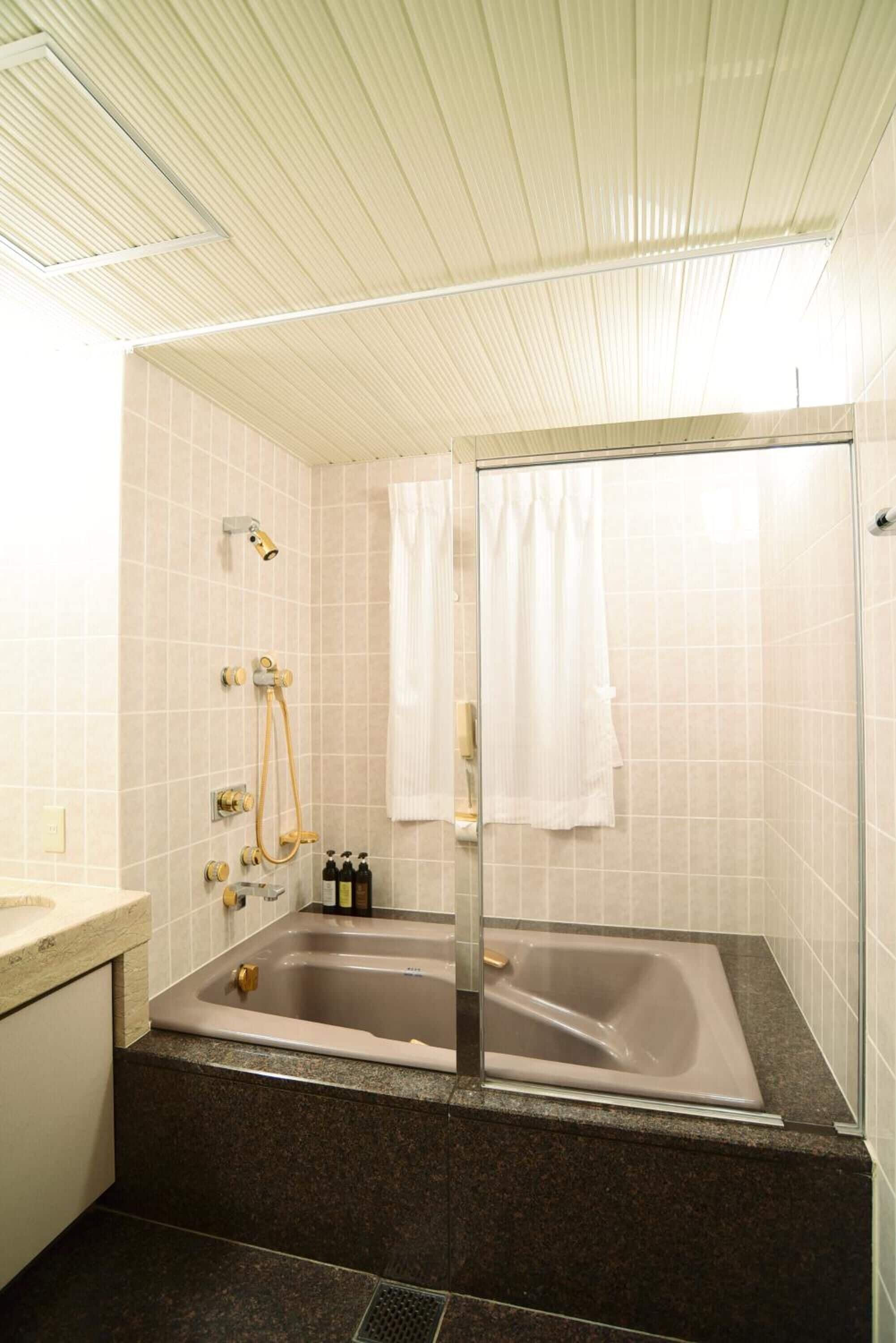 combined shower/bathtub, deep-soaking bathtub, free toiletries
