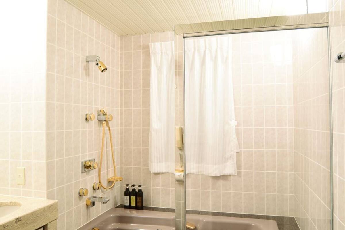combined shower/bathtub, deep-soaking bathtub, free toiletries