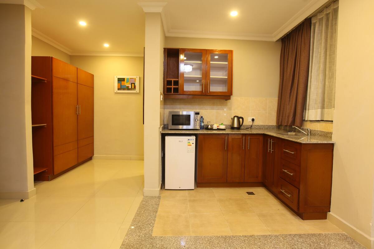 Mini-fridge, microwave, electric kettle