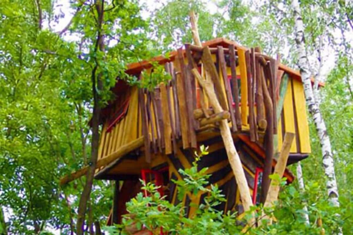 A treehouse with a wooden structure and a rope ladder.