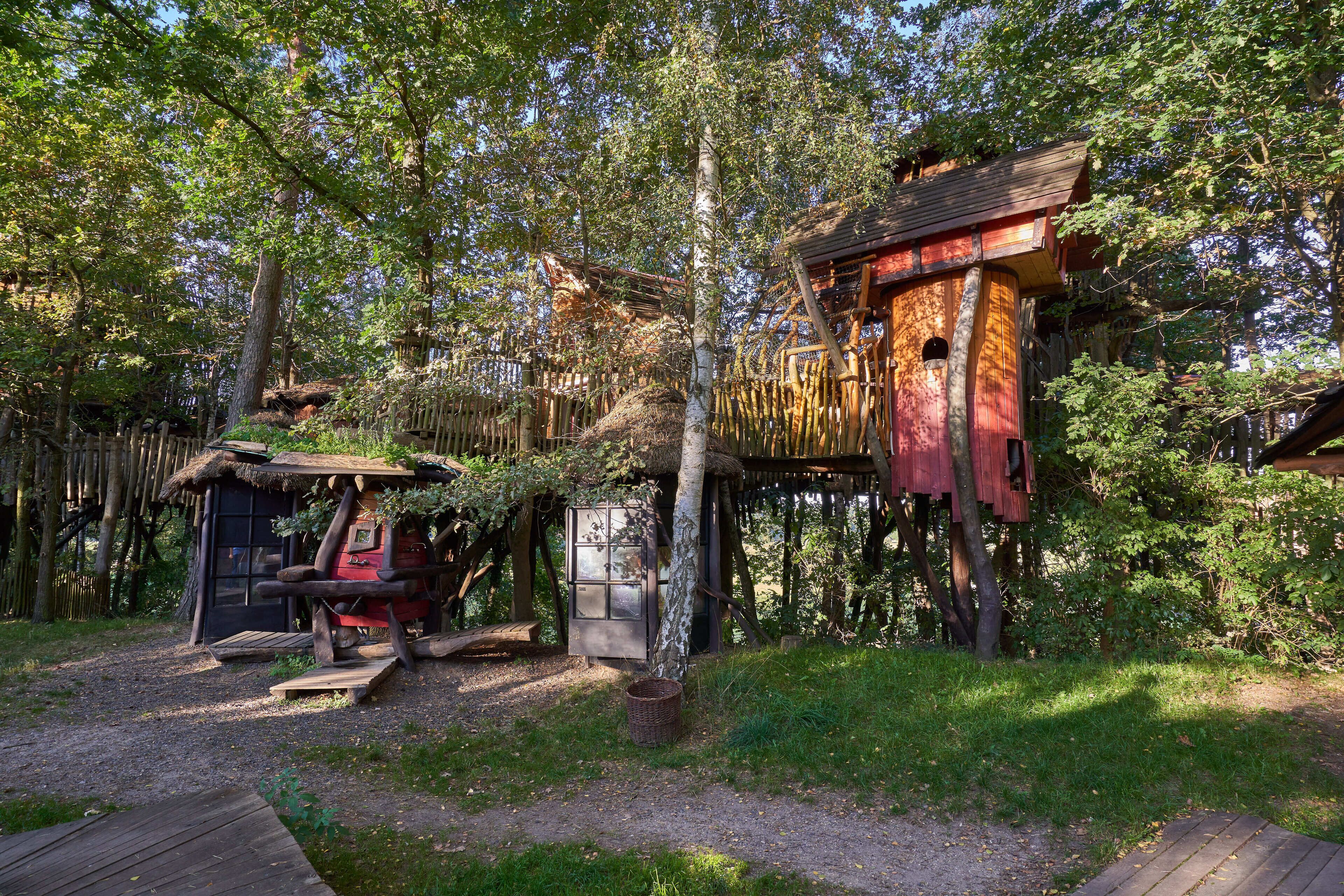 A rustic wooden structure with a thatched roof, a small wooden shed, and a treehouse with a red exterior.