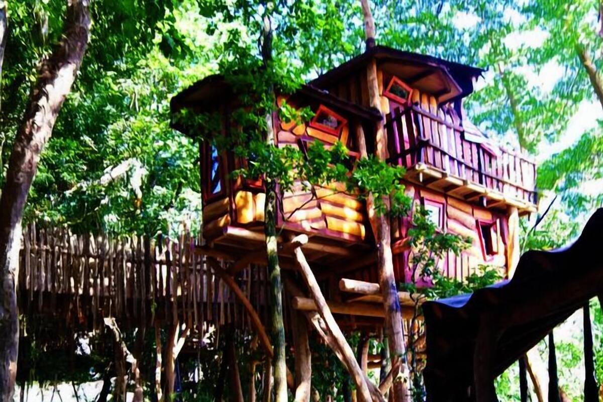 A treehouse with multiple levels, built into a forested area with a wooden fence surrounding it.
