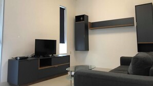 Leilighet – deluxe | Oppholdsområde | En 32-tommers LED-TV med kabel-kanaler samt TV
