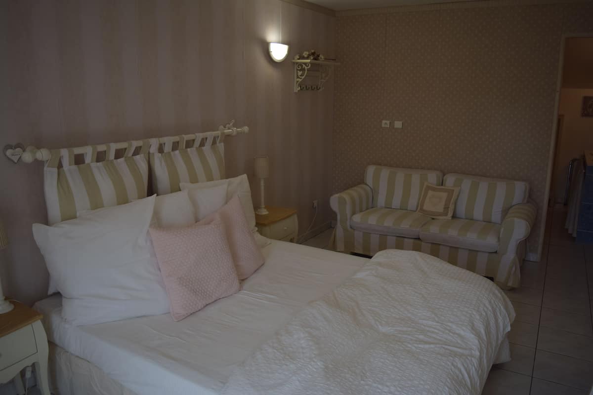 Une chambre à coucher avec un grand lit, une table de chevet, une lampe et un canapé à rayures.