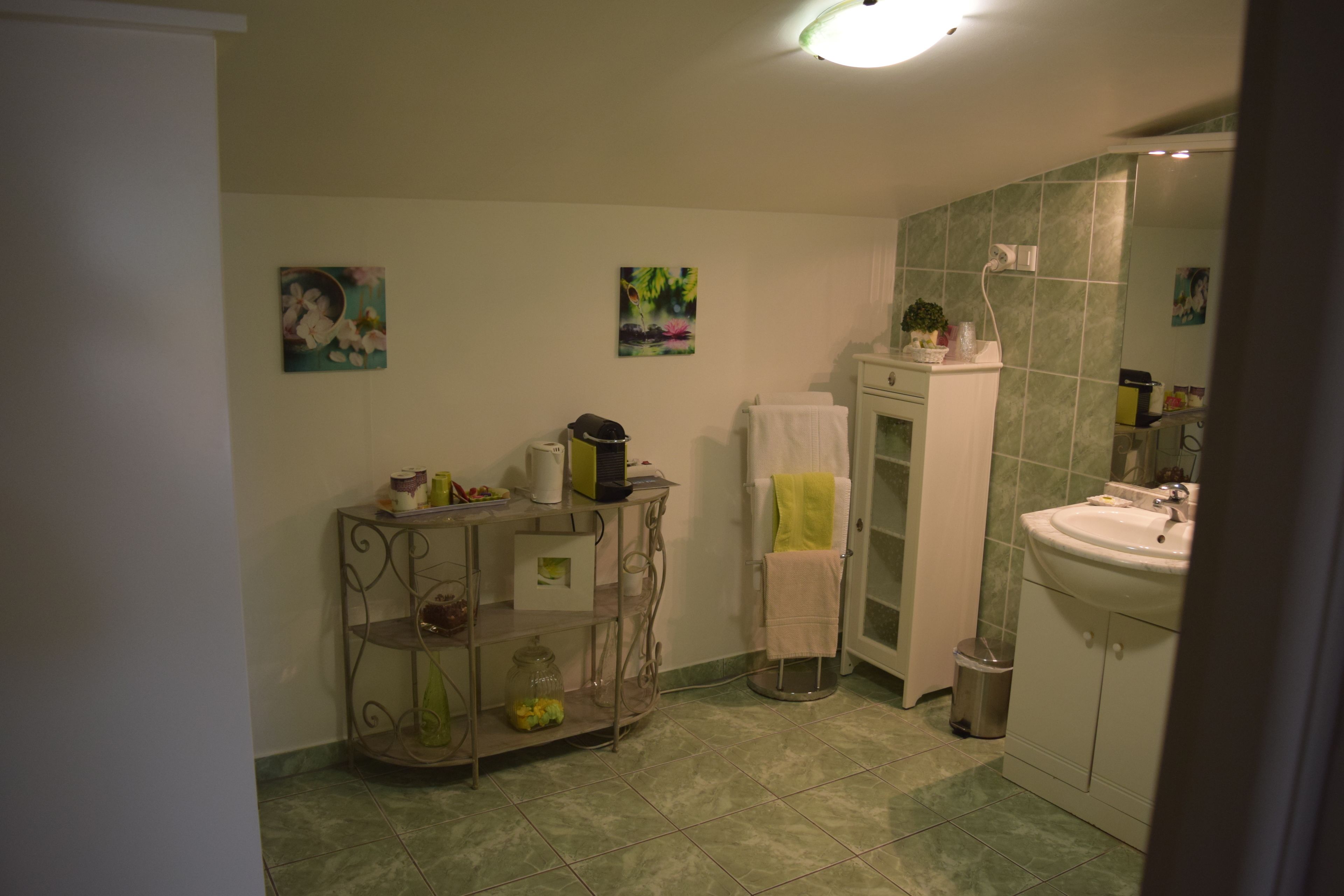 A bathroom with a sink, mirror, and a shelf with toiletries. There are two towels hanging on the wall and a trash can.