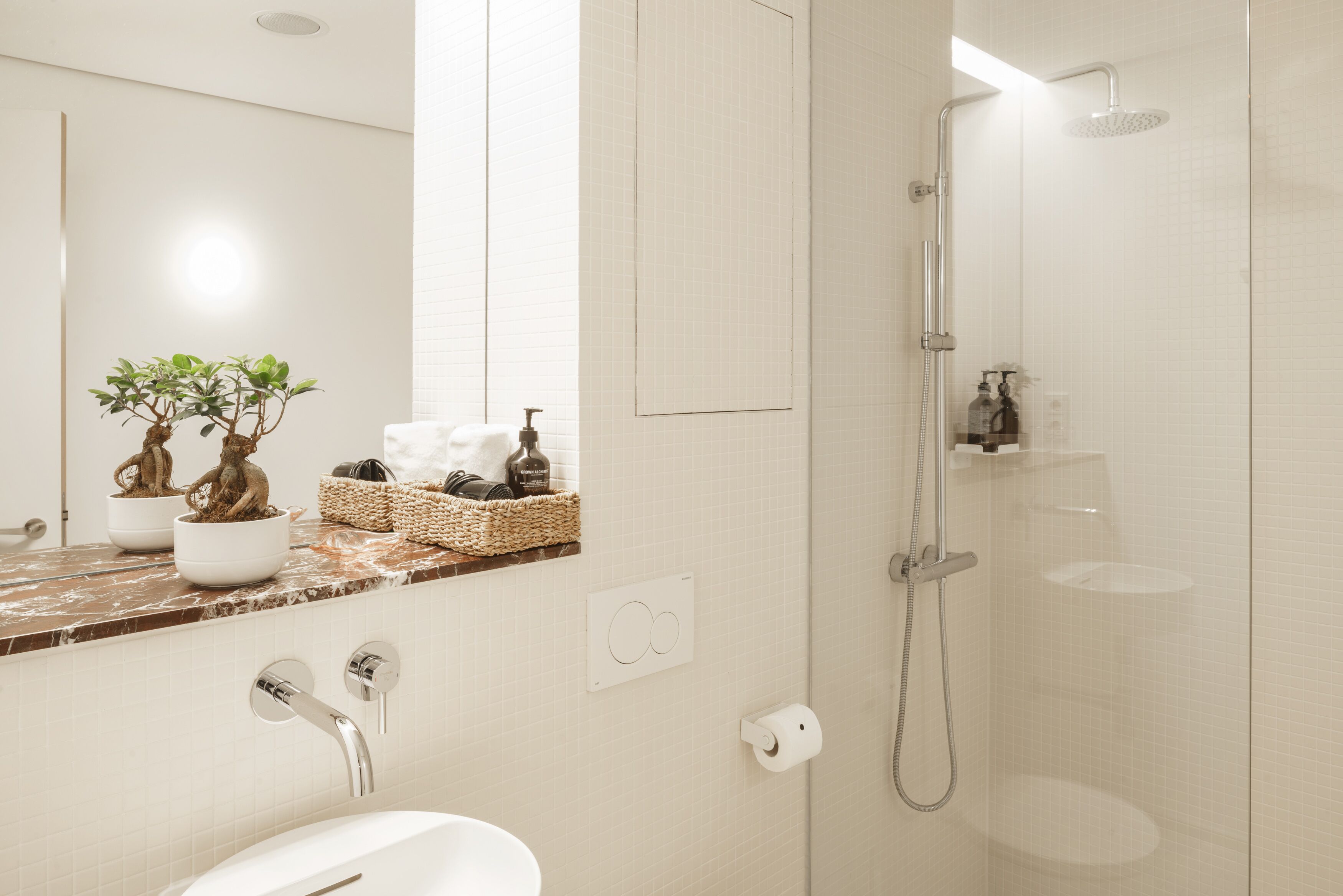 designer toiletries, hair dryer, heated floors, towels