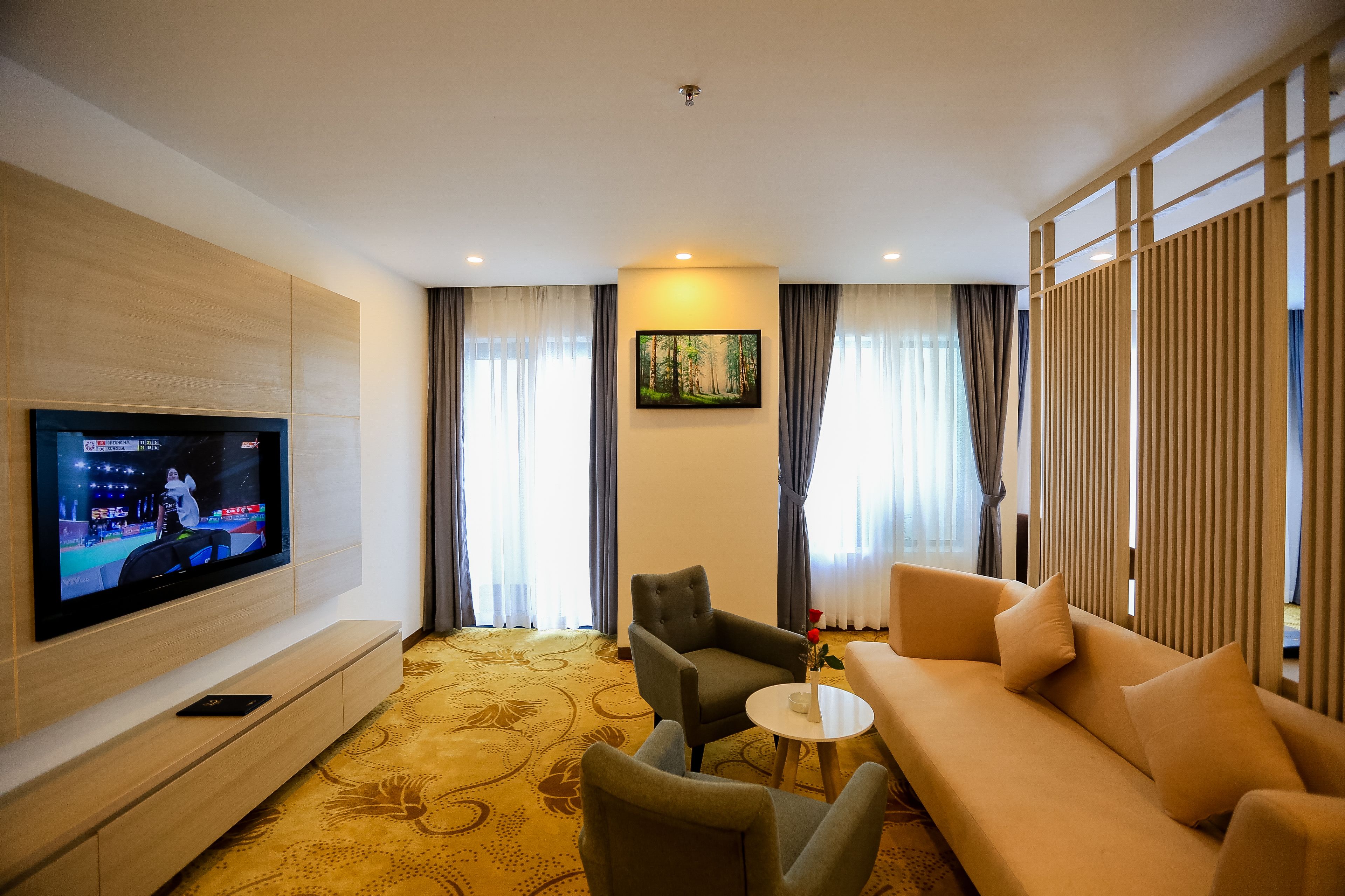 Una habitación de hotel moderna con una televisión de pantalla plana, un sofá, una silla y una mesita.