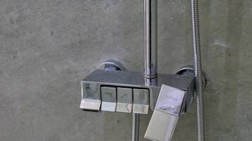 Un panel de control de ducha con un secamanos y una manguera.