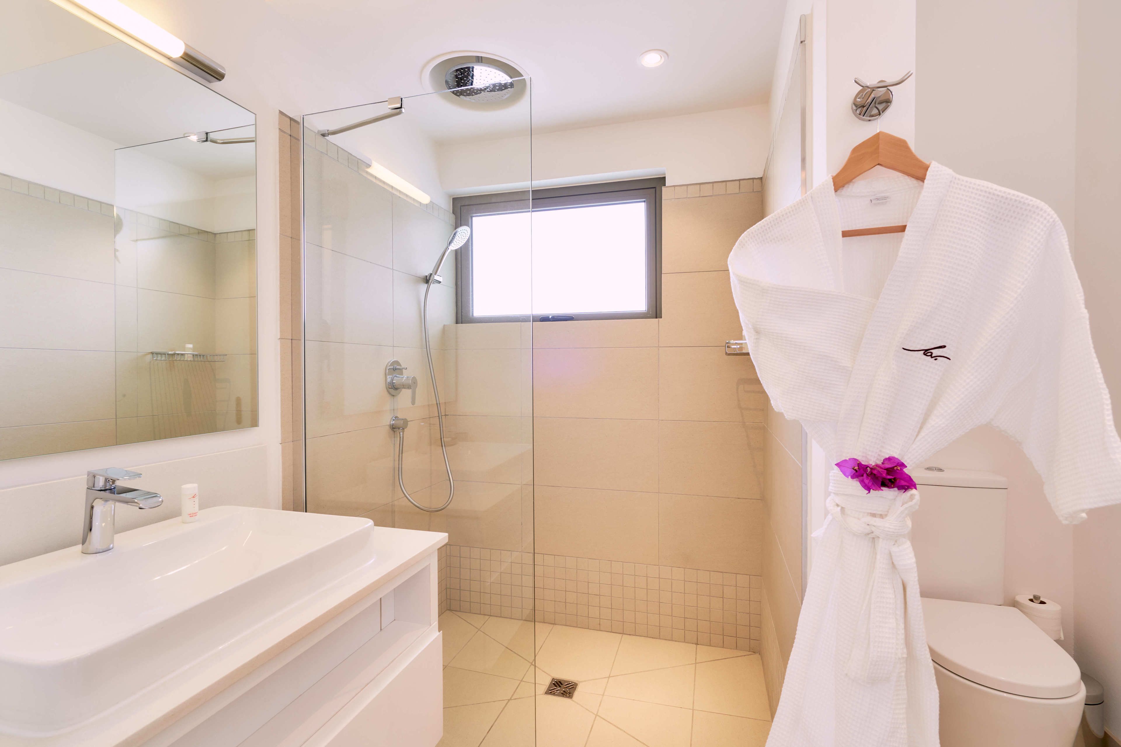 A modern bathroom with a glass-enclosed shower, a white sink, and a toilet.