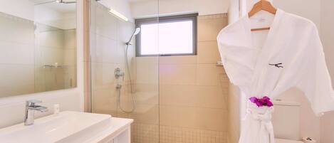 A modern bathroom with a glass-enclosed shower, a white sink, and a toilet.