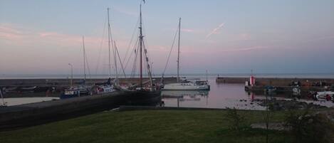 A marina with several boats docked, a grassy area in the foreground, and a calm body of water.