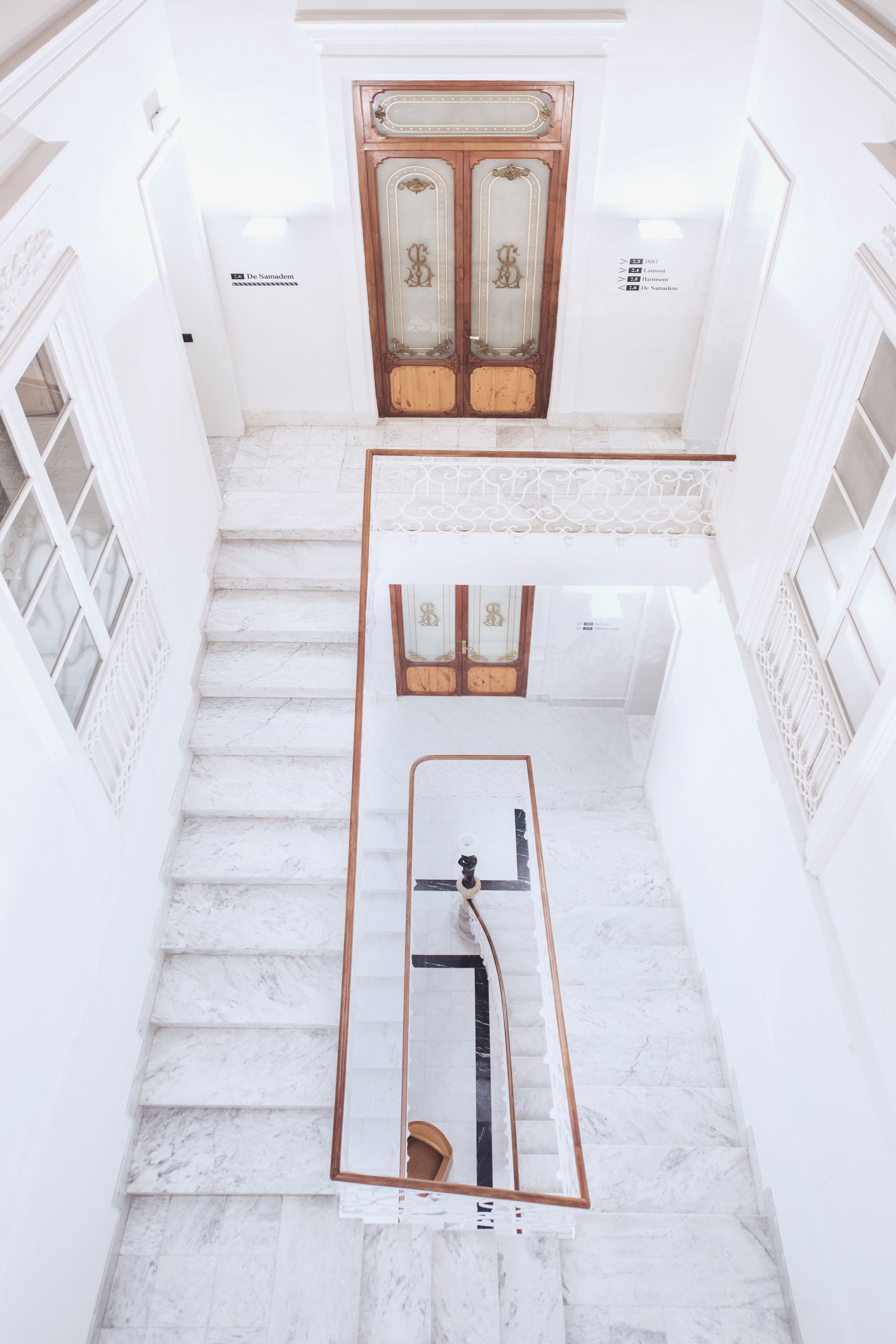 A marble staircase with a wooden door at the top.