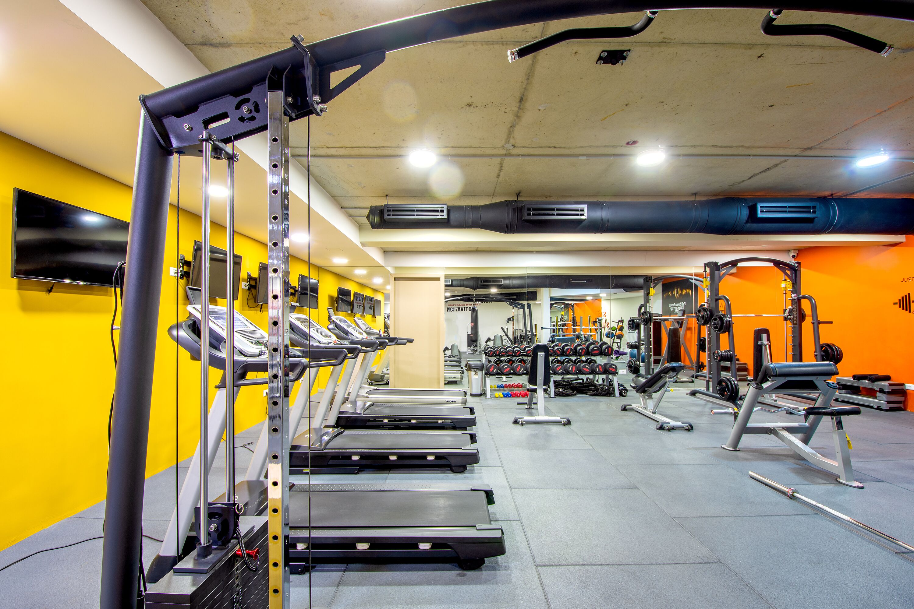 A gym with treadmills, weight machines, and a variety of weights.