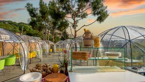 Ein Restaurant mit Außenbestuhlung unter transparenten Markisen, ein Tisch mit Tellern und Schneidebrett sowie ein Blick auf Bäume und einen Sonnenuntergang.