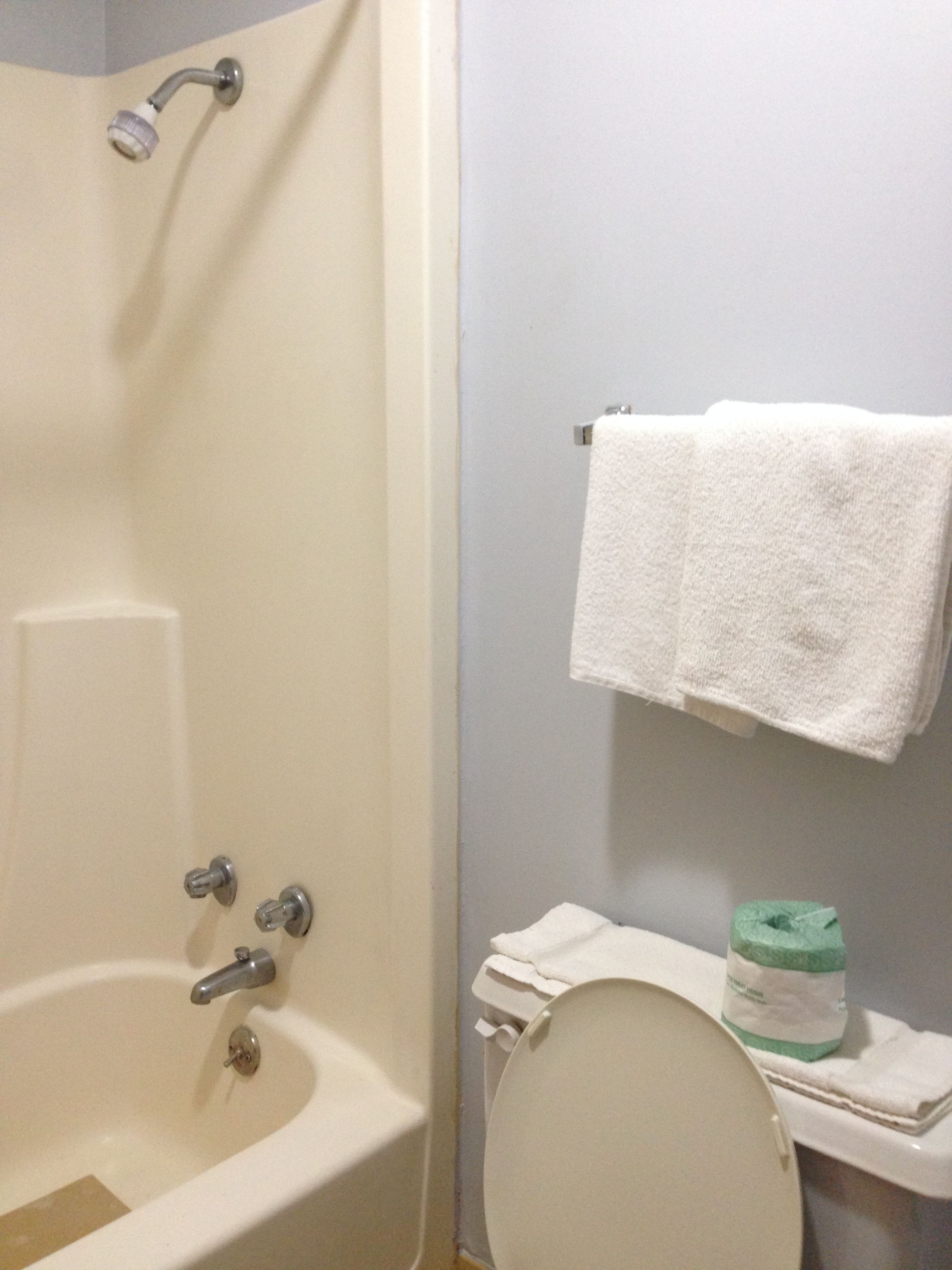 A bathroom with a bathtub, toilet, and two white towels hanging on a rack.