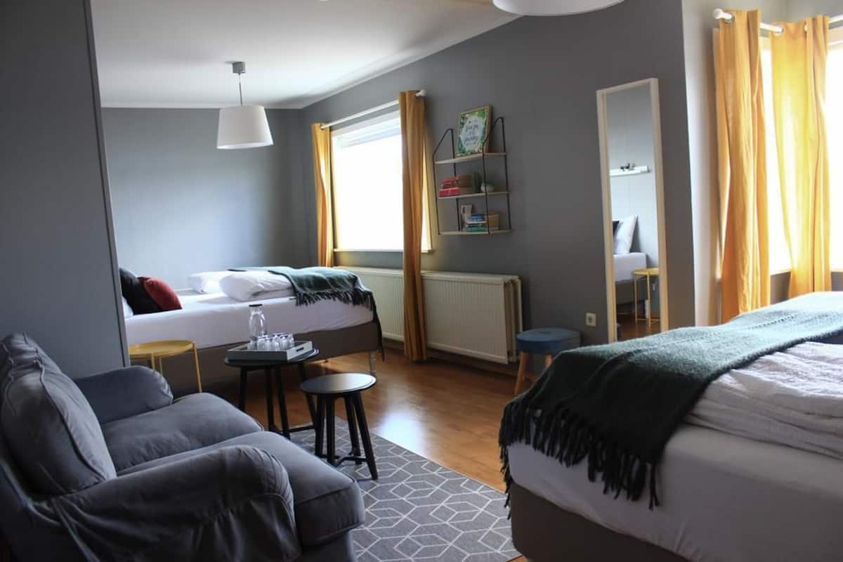 Un dormitorio moderno con cama, sofá, una mesita y un radiador.