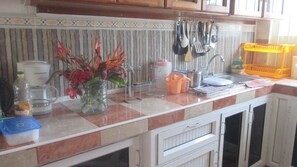 Lemari es besar, microwave, oven, dan kompor