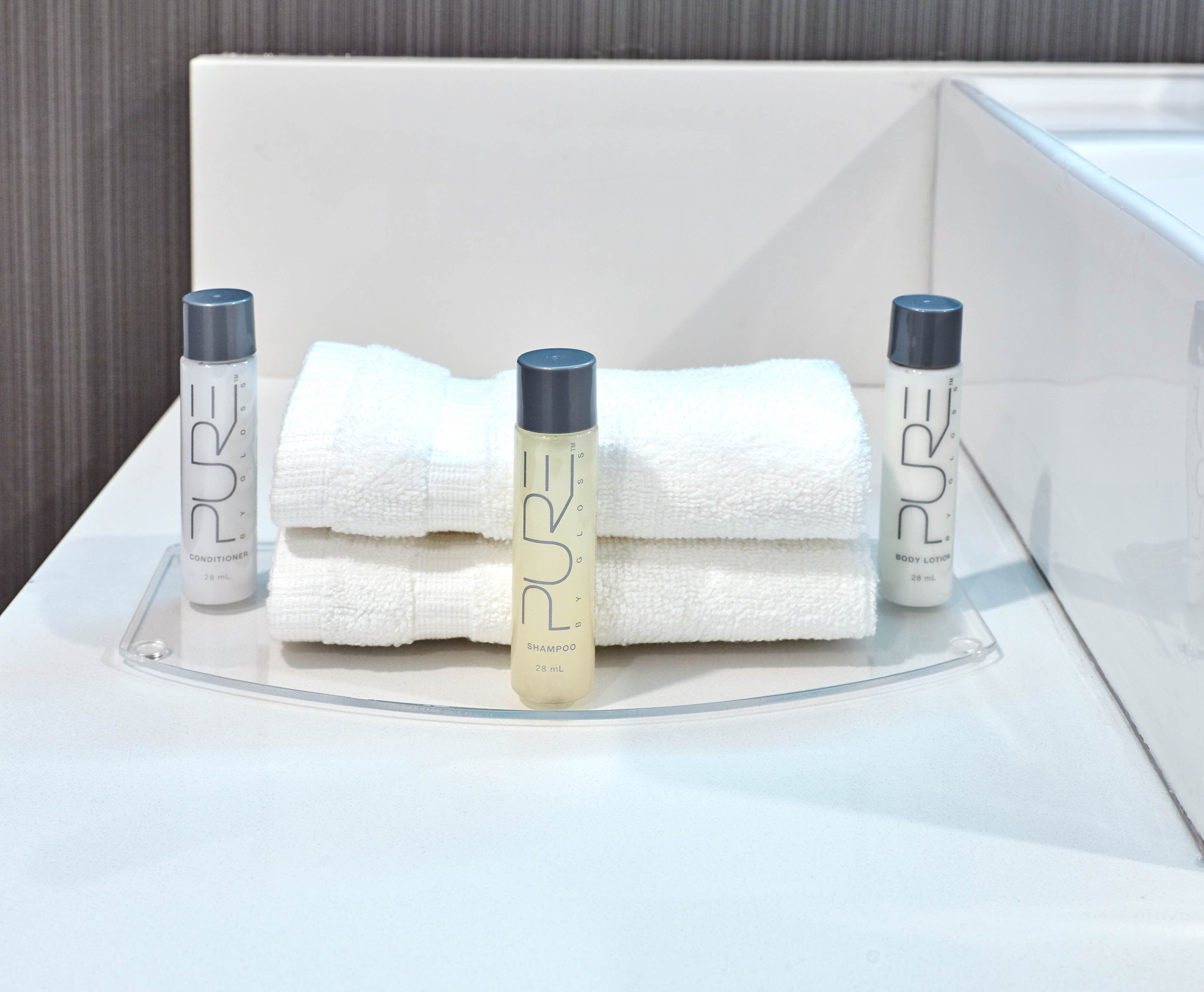 free toiletries, hair dryer, towels