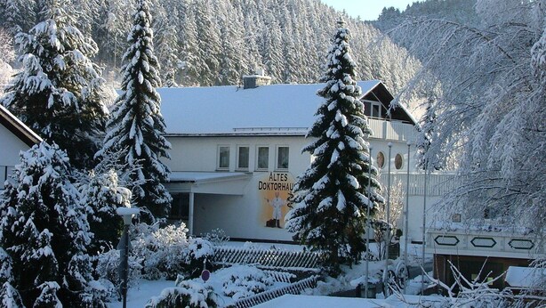 A building with a sign reading "Altes Dorfhaus" surrounded by snow-covered trees and a mountainous backdrop. - Altes Doktorhaus (Willingen)