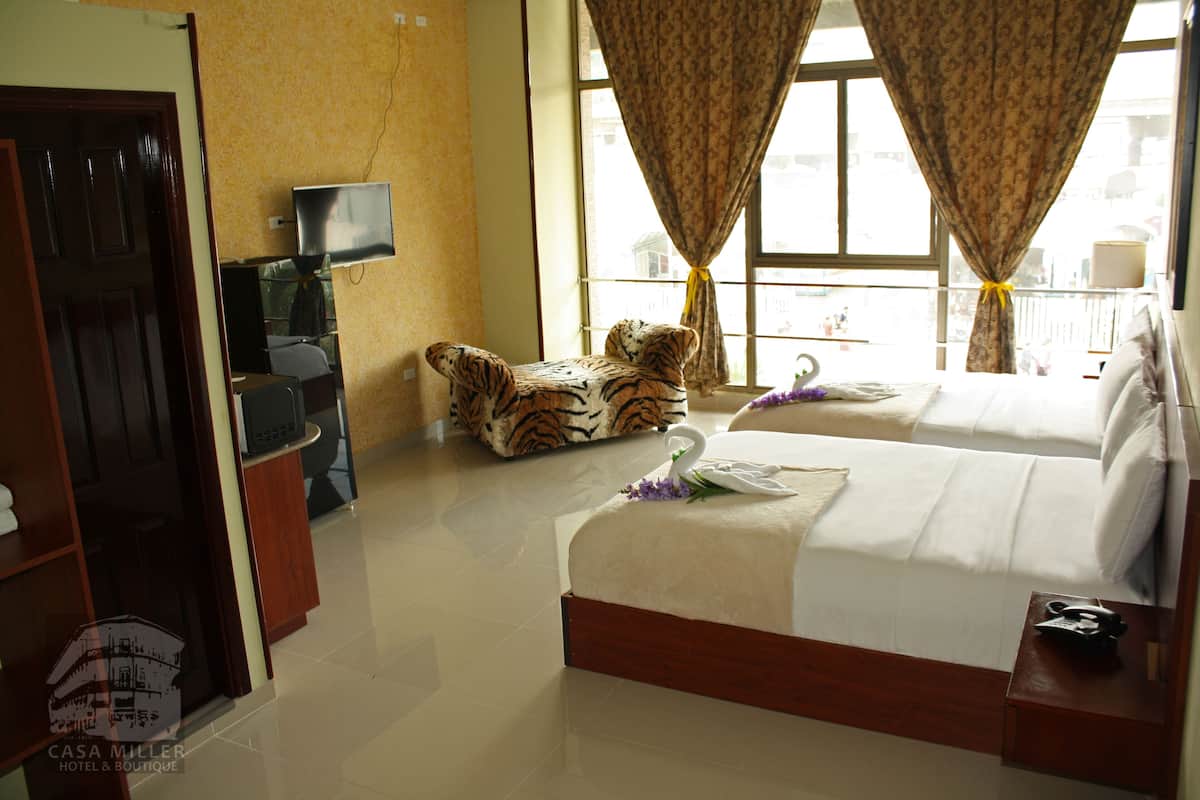 A hotel room with a bed, a tiger-patterned chair, a TV, and curtains.
