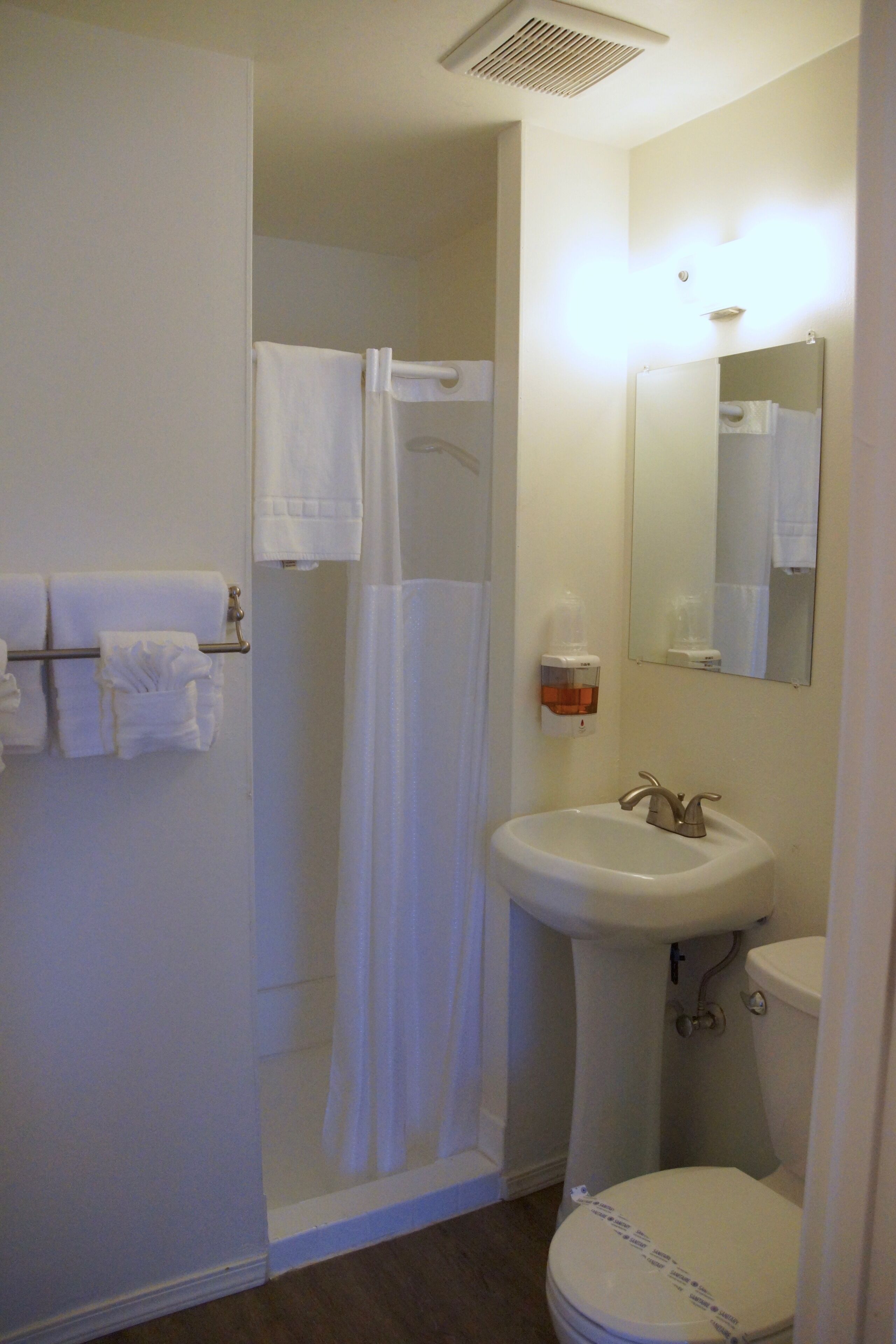 A bathroom with a shower, sink, and toilet.