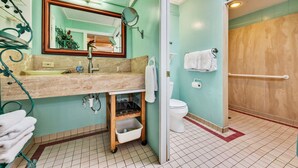 Un baño con lavabo, espejo, inodoro y ducha.