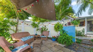 Un patio con mobiliario de mimbre, plantas en macetas y una pared azul.