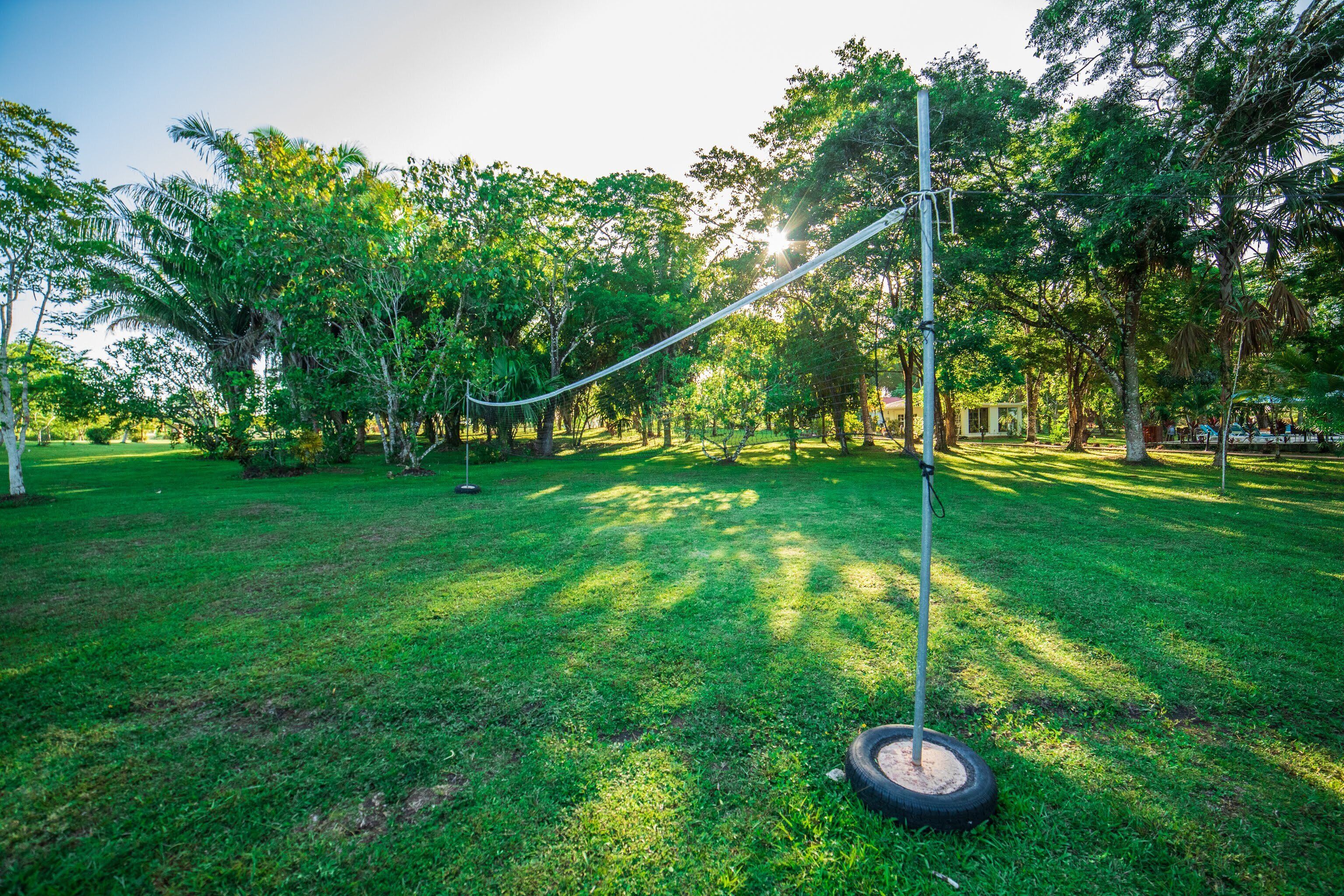 A grassy area with a rope barrier, trees, and a clear sky.