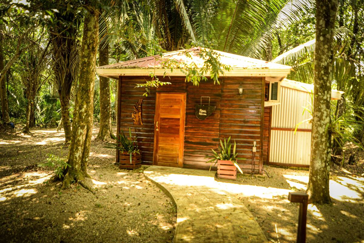 A wooden cabin with a single door and a small porch area, surrounded by dense tropical foliage.