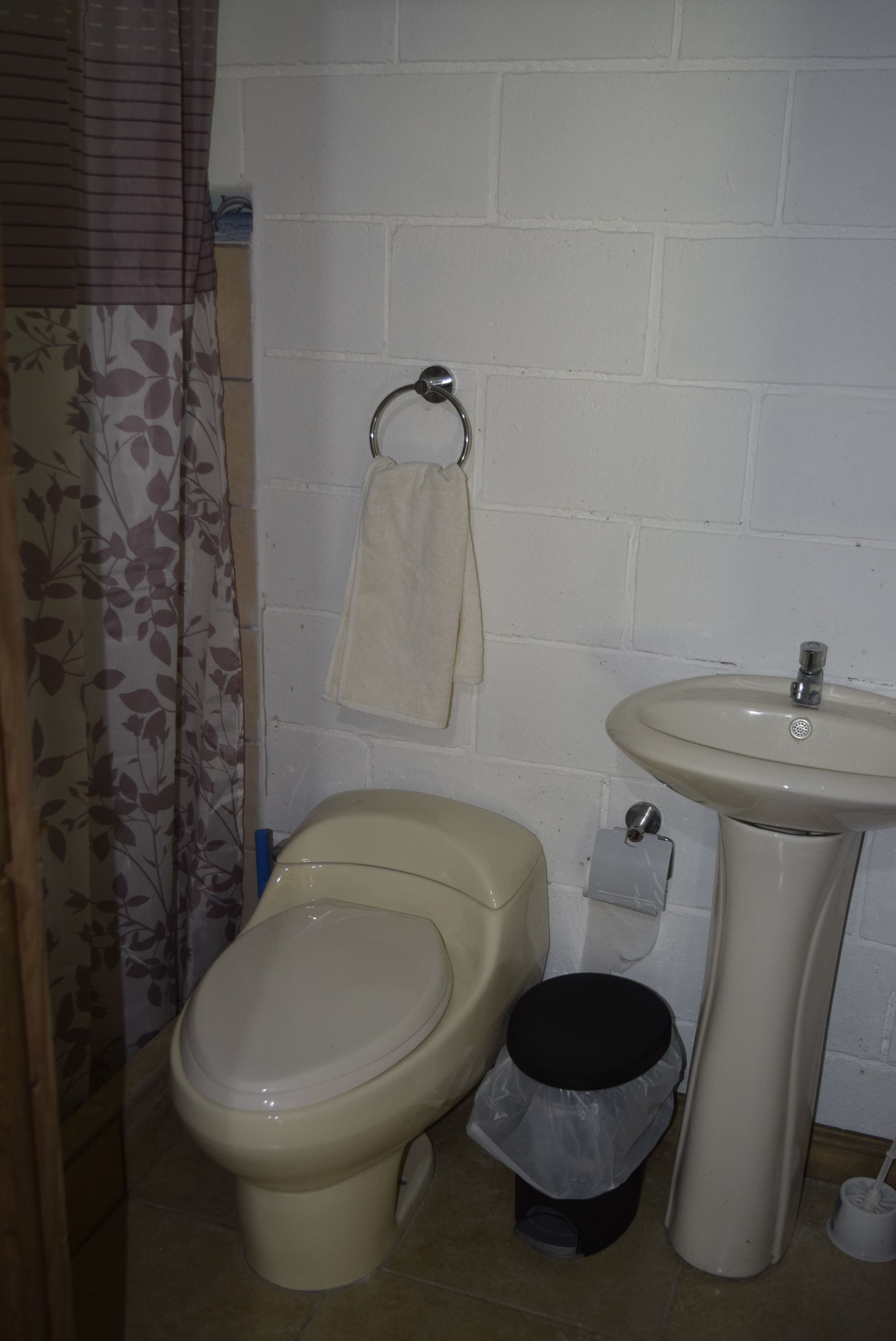Ein Badezimmer mit Toilette, Waschbecken und Mülleimer.