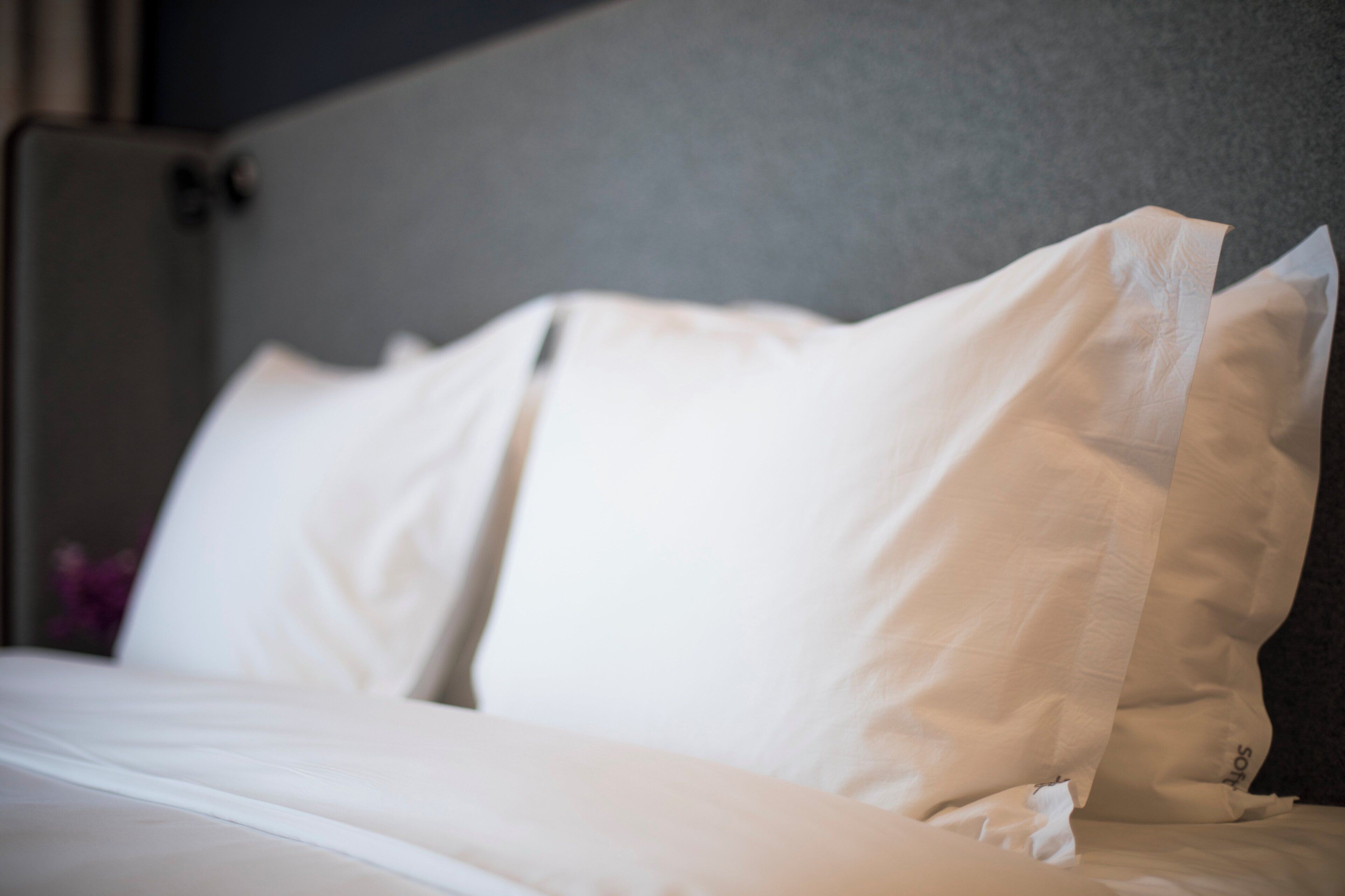 A bed with white linens and pillows, a grey headboard, and a partial view of a wall.