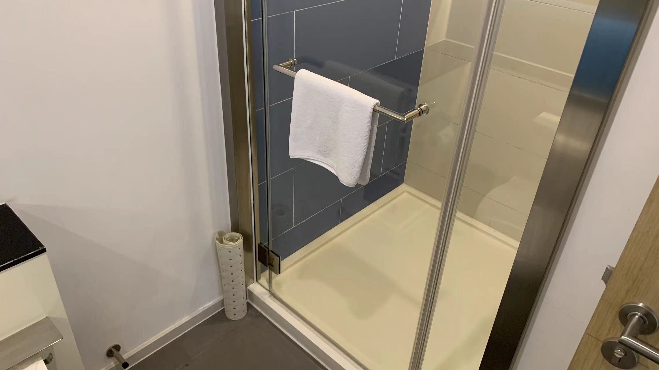 Une salle de bain avec une douche à parois de verre, une serviette blanche suspendue à un porte-serviettes et des toilettes blanches.