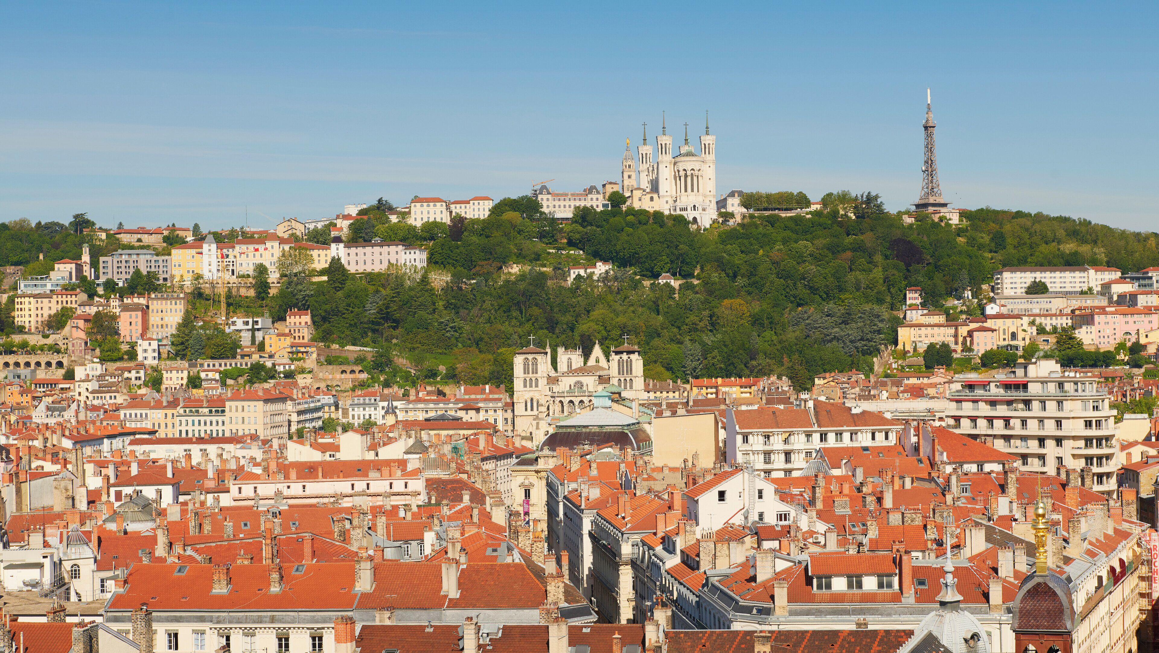 A cityscape with a prominent cathedral and a tower on a hill.