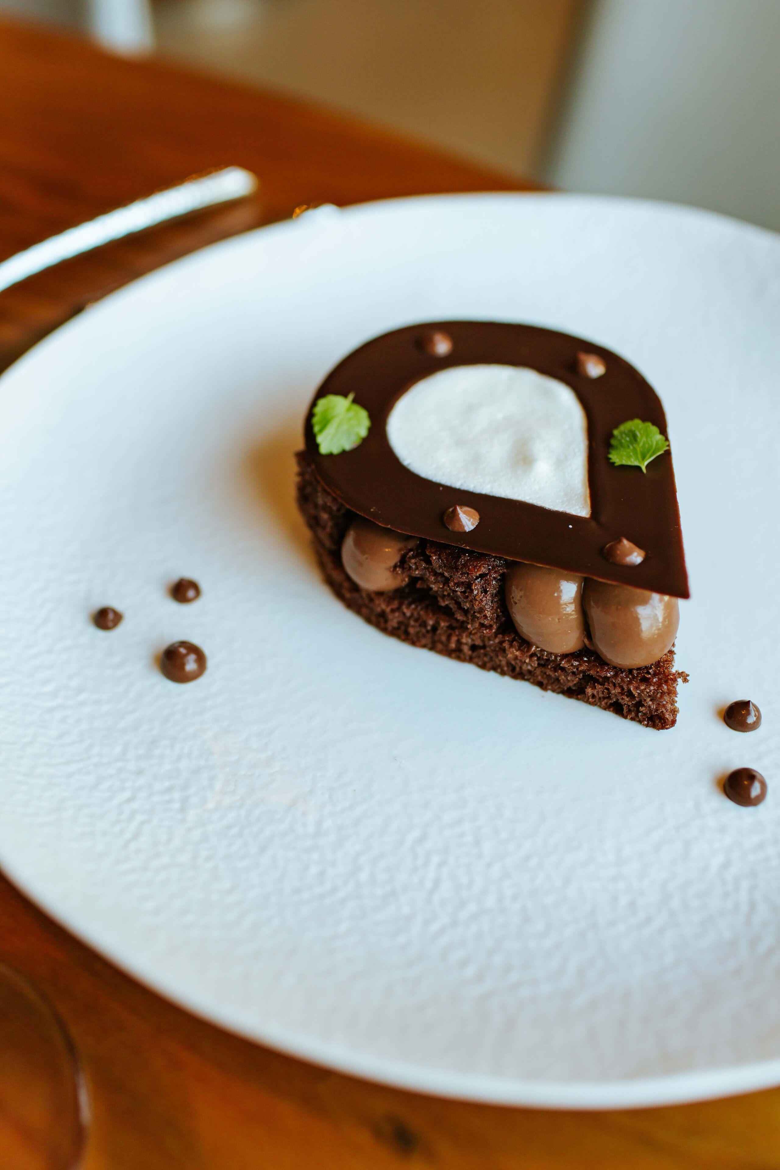 Una porción de pastel de chocolate con una cobertura de chocolate y hojas de menta sobre un plato blanco.