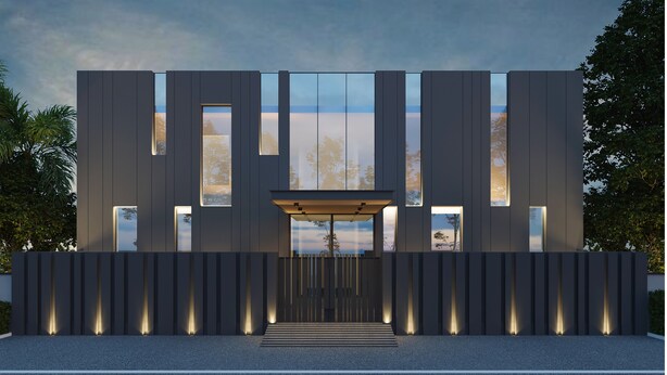 A modern building with a symmetrical facade, large windows, and a central entrance with steps. - Krishna Residency - A Boutique Hotel (Bareilly)