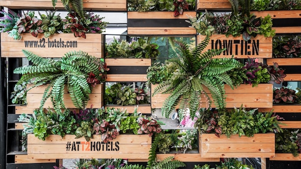 Una pared con varios paneles de madera, cada uno con diferentes plantas y un letrero que dice "www.t2hotels.com".