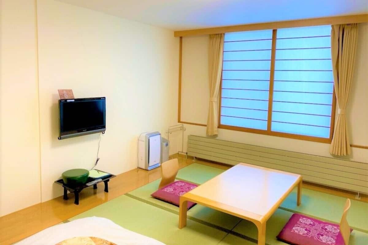 A room with a bed, a table, a TV, and a window with curtains.
