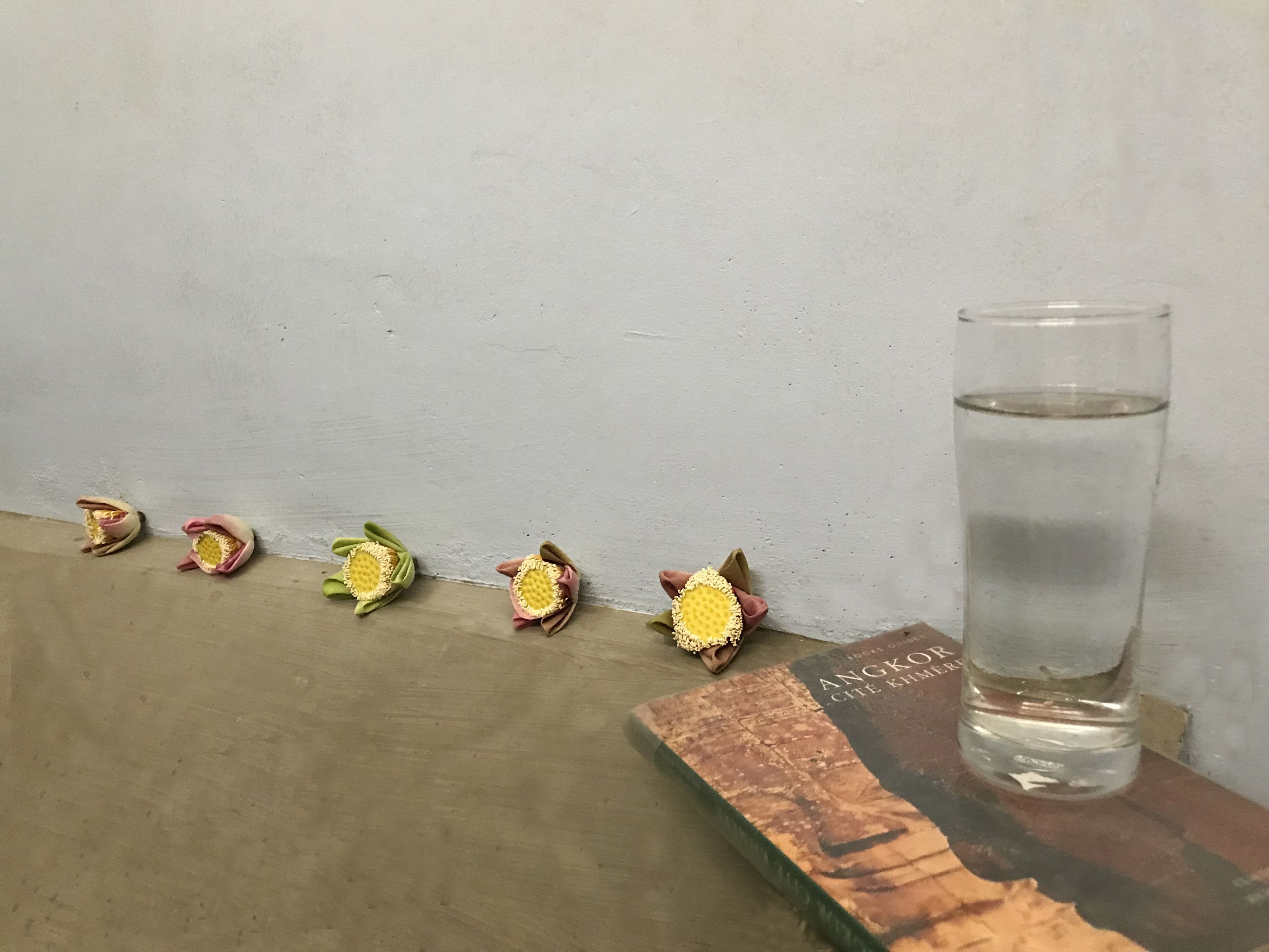 A glass of water on a wooden surface next to a book titled "Angkor Cité Khmer".