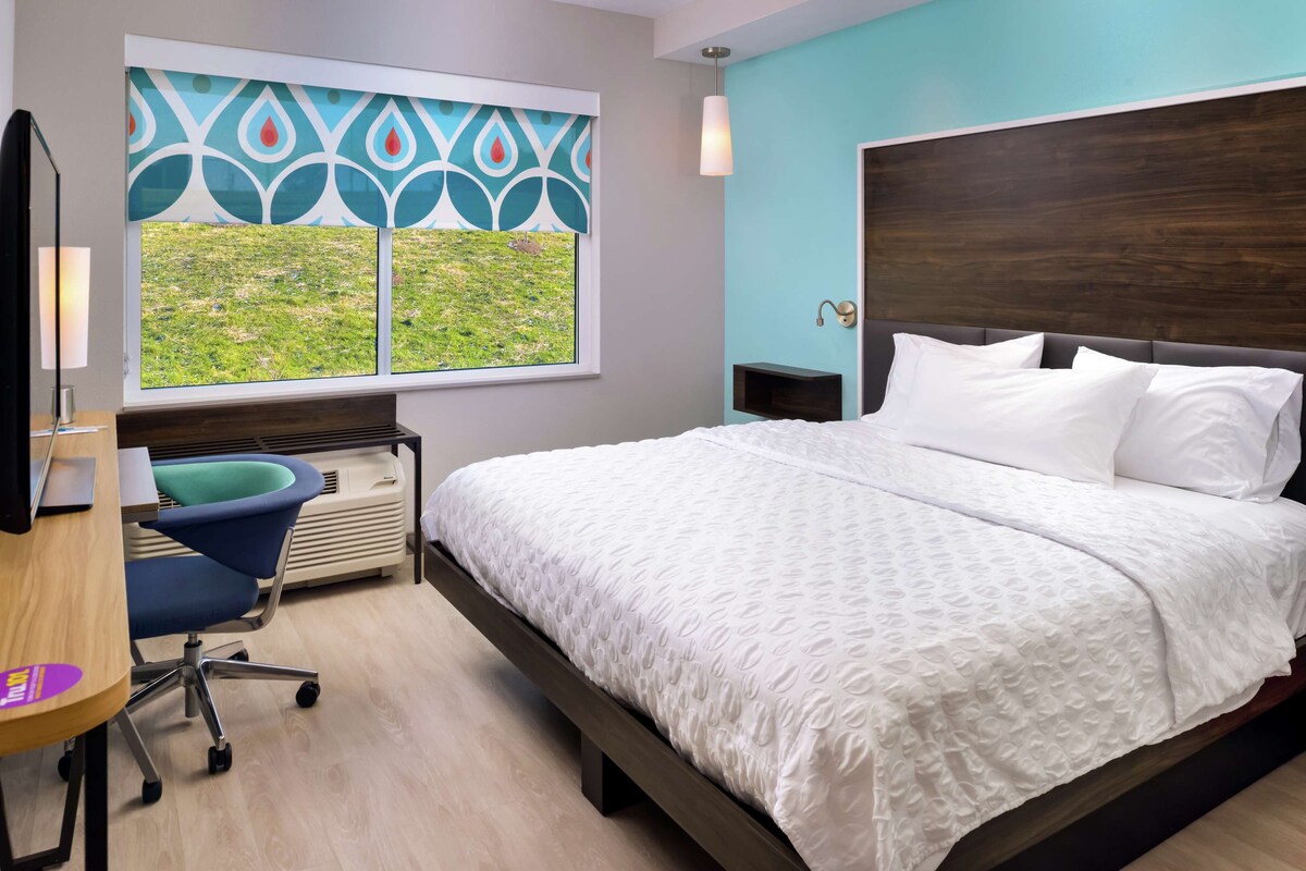 A modern hotel room with a large bed, a desk with a chair, a window with a view of greenery, and a teal accent wall.