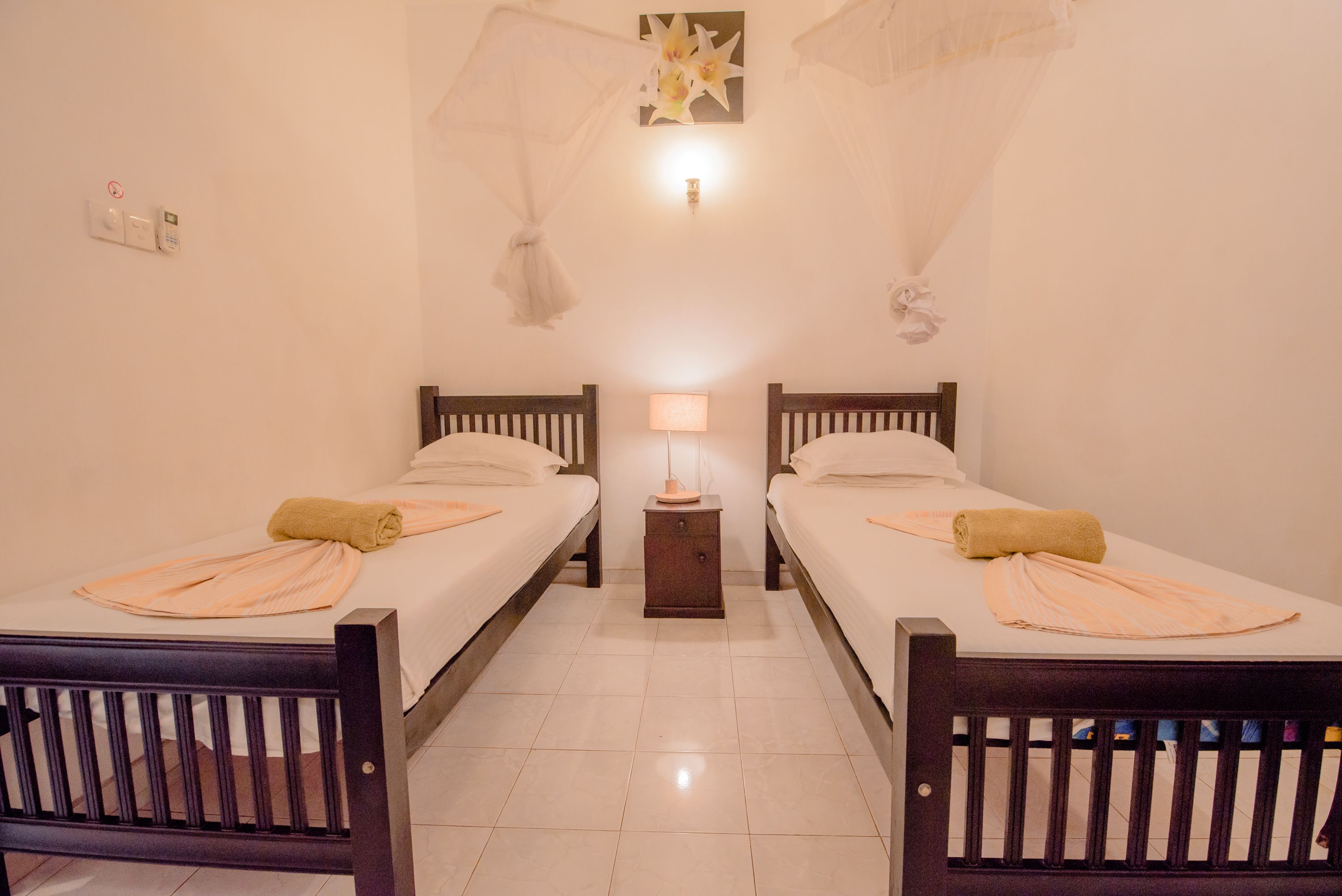 A room with two beds, a nightstand with a lamp, and a mosquito net above the beds.