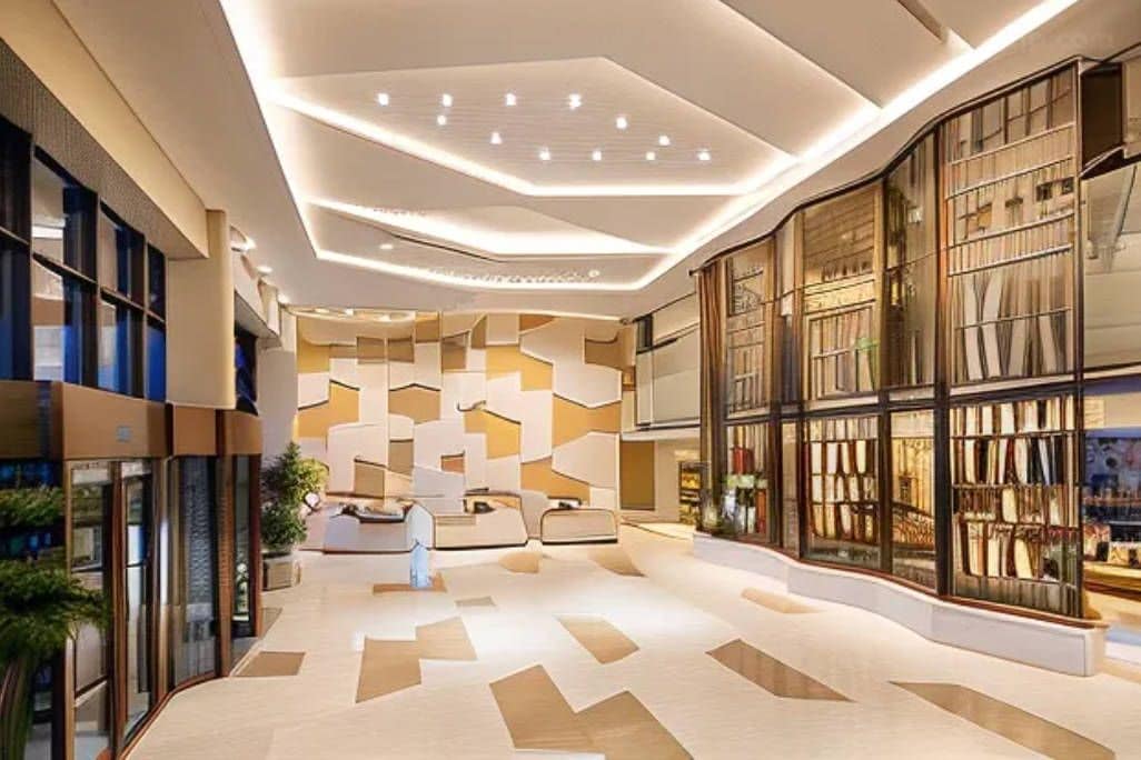 A modern hotel lobby with a geometric patterned floor, a reception desk, and a large glass window display.