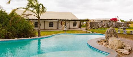 A swimming pool with a stone border, a palm tree, and a building with a tiled roof in the background.
