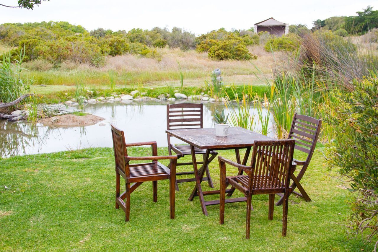 Un conjunto de mesa y sillas de madera en un área con césped cerca de un estanque, con un edificio al fondo.