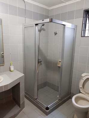 Un baño con ducha de vidrio, inodoro y lavamanos.