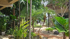 A covered outdoor area with a paved walkway, surrounded by various potted plants and trees. - The Picturebook Guesthouse (Mae Sot)