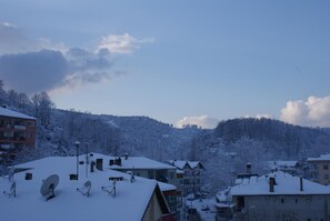 A snowy residential area with houses, some with satellite dishes on the roofs. - Green Termal Otel (Termal)